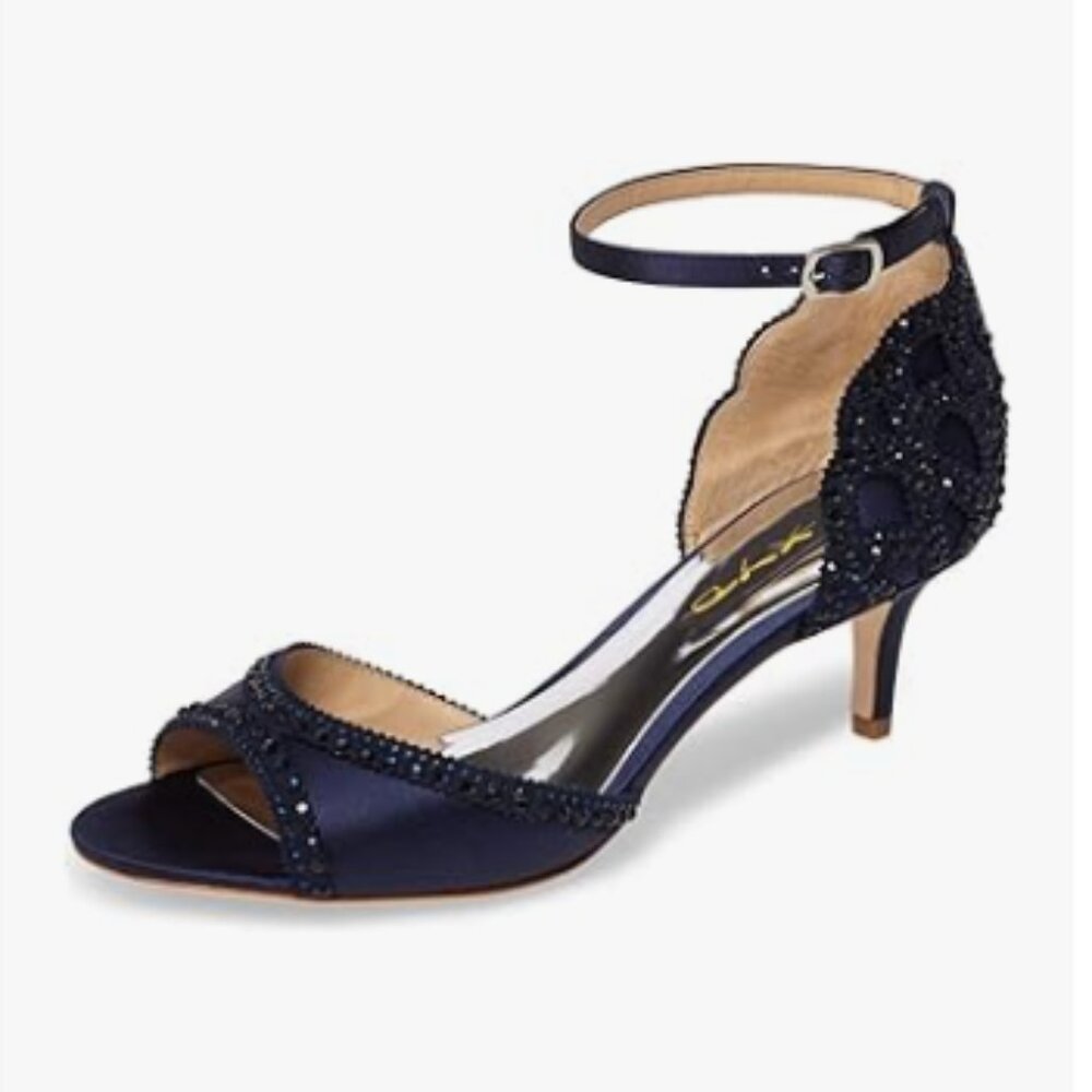 XYD Navy Chic Peep Toe D'Orsay Kitten Heel Rhinestone Studs Ankle Strap Sandals